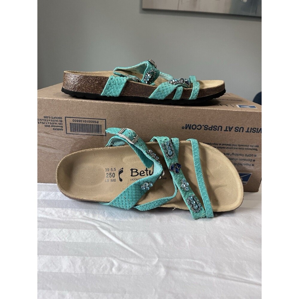 Betula Birkenstock Sandals 39 8 Teal Turquoise Snakeskin Jeweled Rhinestone